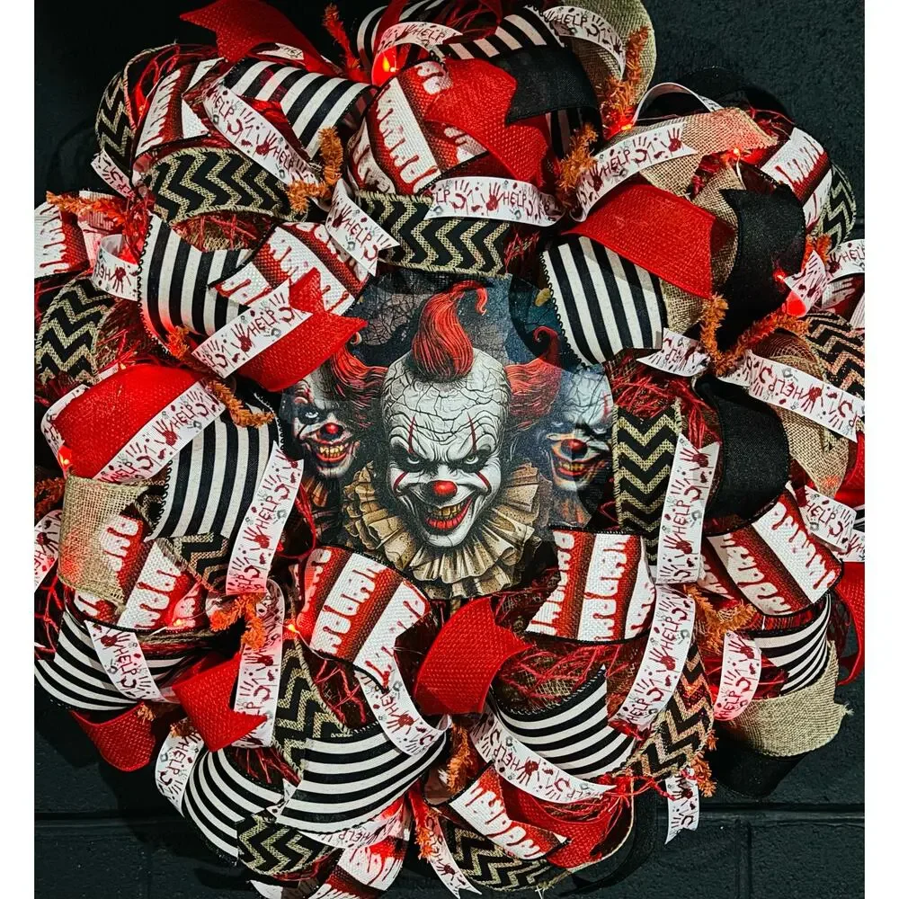 Halloween Wreath For Front Door Scary Clown Wreath Handmade 22 inch